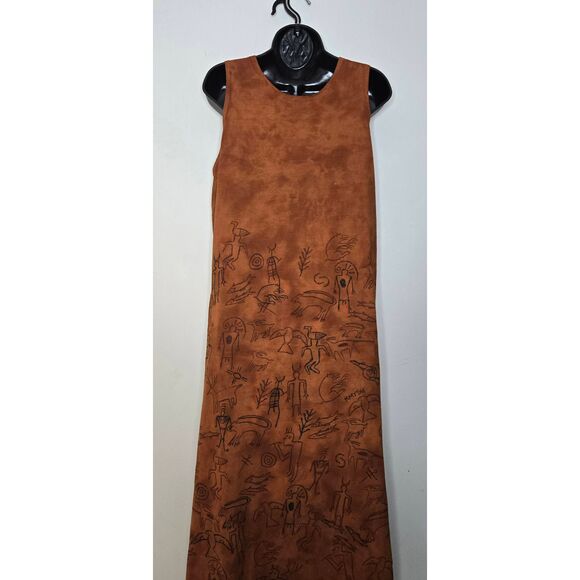 Vintage Mary Dee Fun To Wear Dress Size 1 Maxi Drawings Brown Sleeveless Boho - Picture 5 of 8